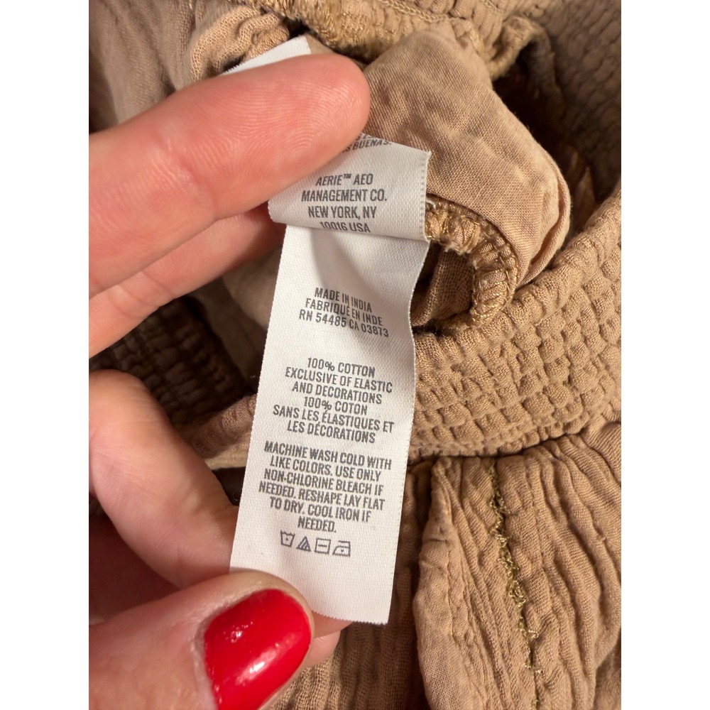 Aerie Wide Leg Gauze Pants Brown Smocked Waist Slit Pockets Small Petite - Picture 6 of 10